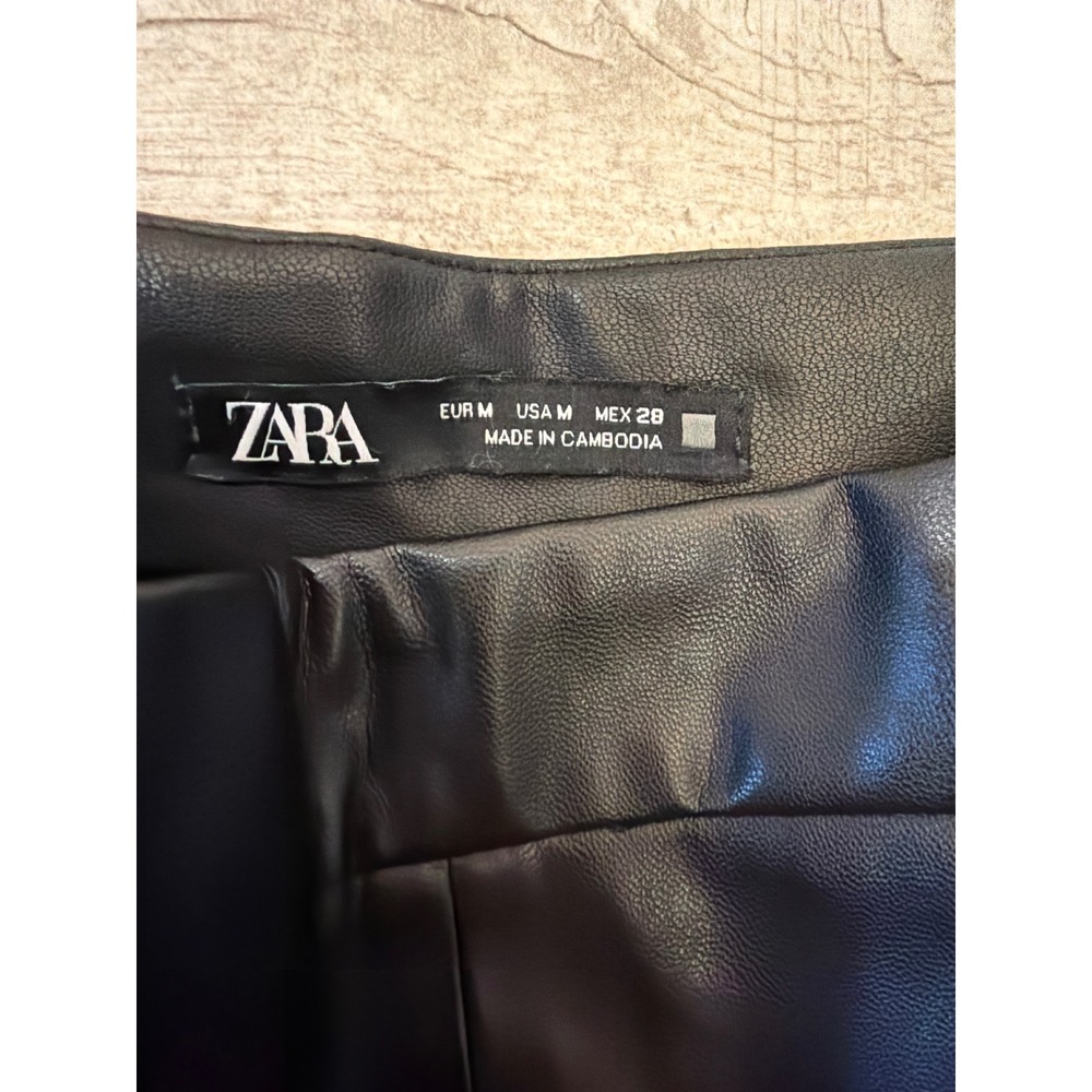 Zara Black Faux Leather Panelled Midi Skirt Size Medium A-Line Side Zip
